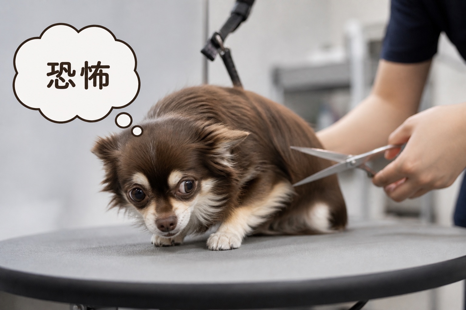 トリミング中に恐怖を感じている犬
